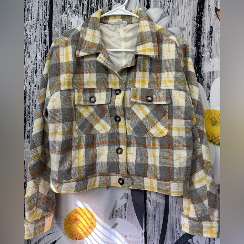 Cozy Plaid Utility Jacket in Gray, Yellow, and Cream